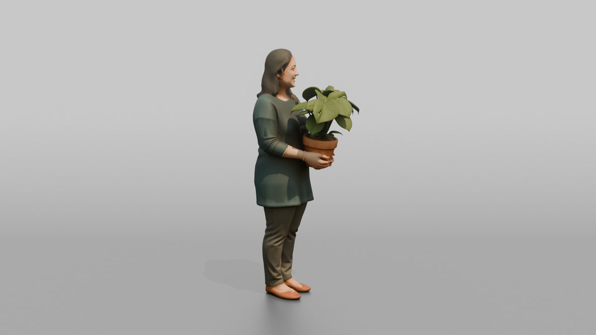 Mother Holding A Small Potted Plant With Both Hands - 3D character model, view 3