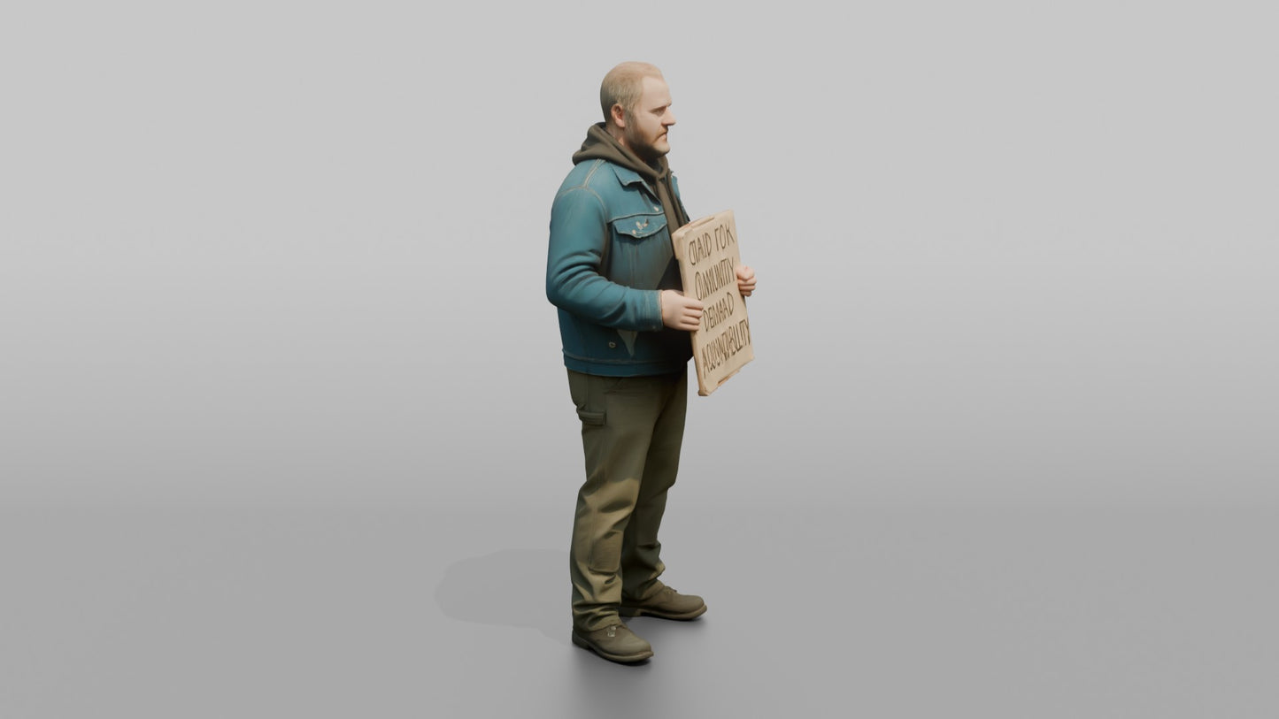 Protester Man Holding a Cardboard Protest Sign