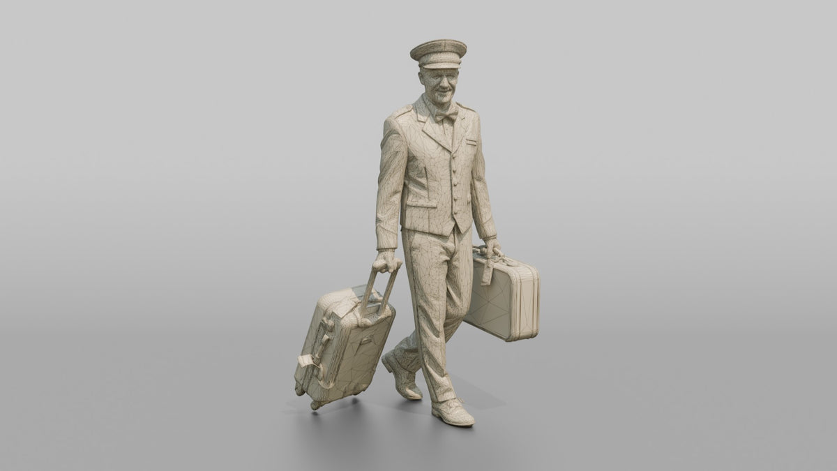 Bellhop Man Carrying Two Suitcases, One In Each Hand - wireframe topology preview
