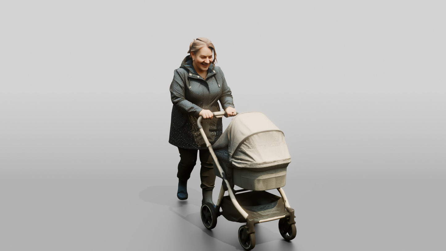 White Woman in Polka-Dot Raincoat Pushing a Pram