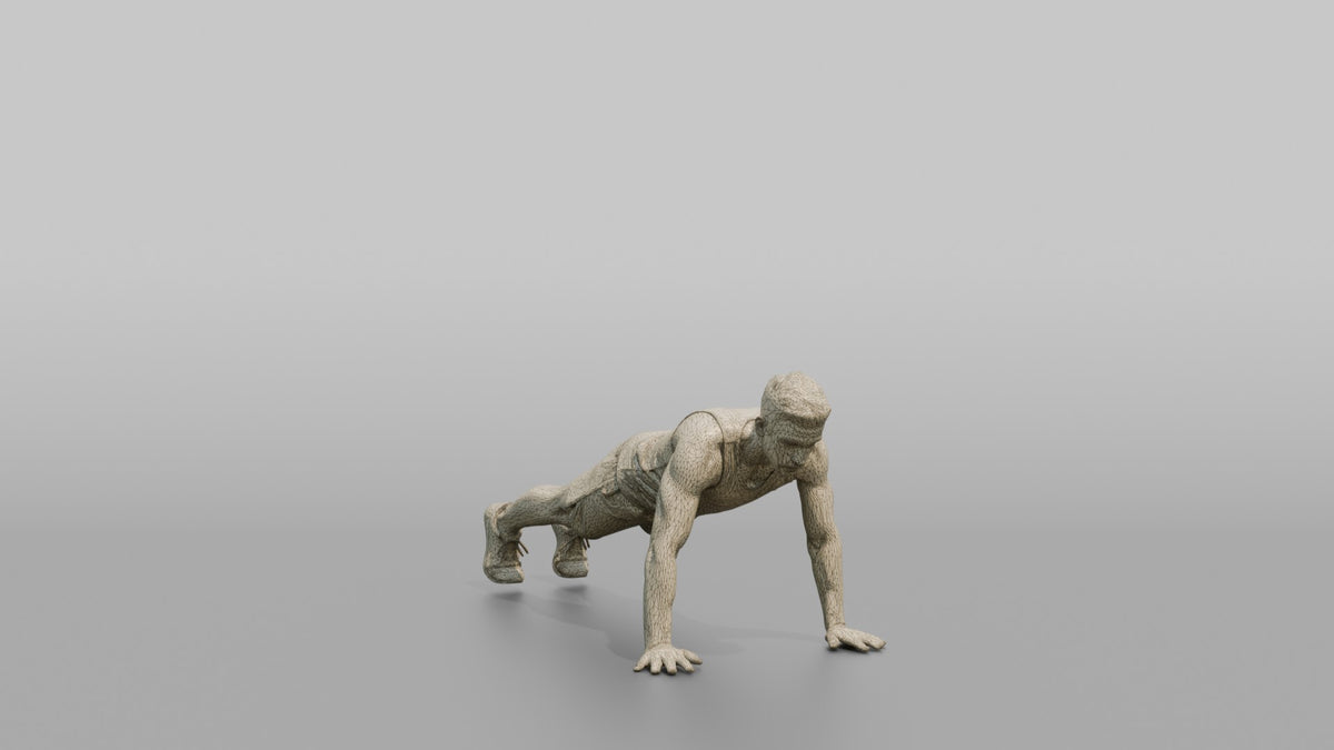 Bodyweight Athlete Man Mid-burpee, Hands On The Ground - wireframe topology preview