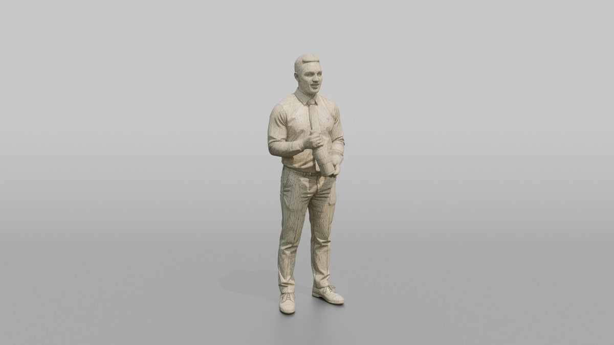 Server Man Presenting A Wine Bottle For Inspection - wireframe topology preview