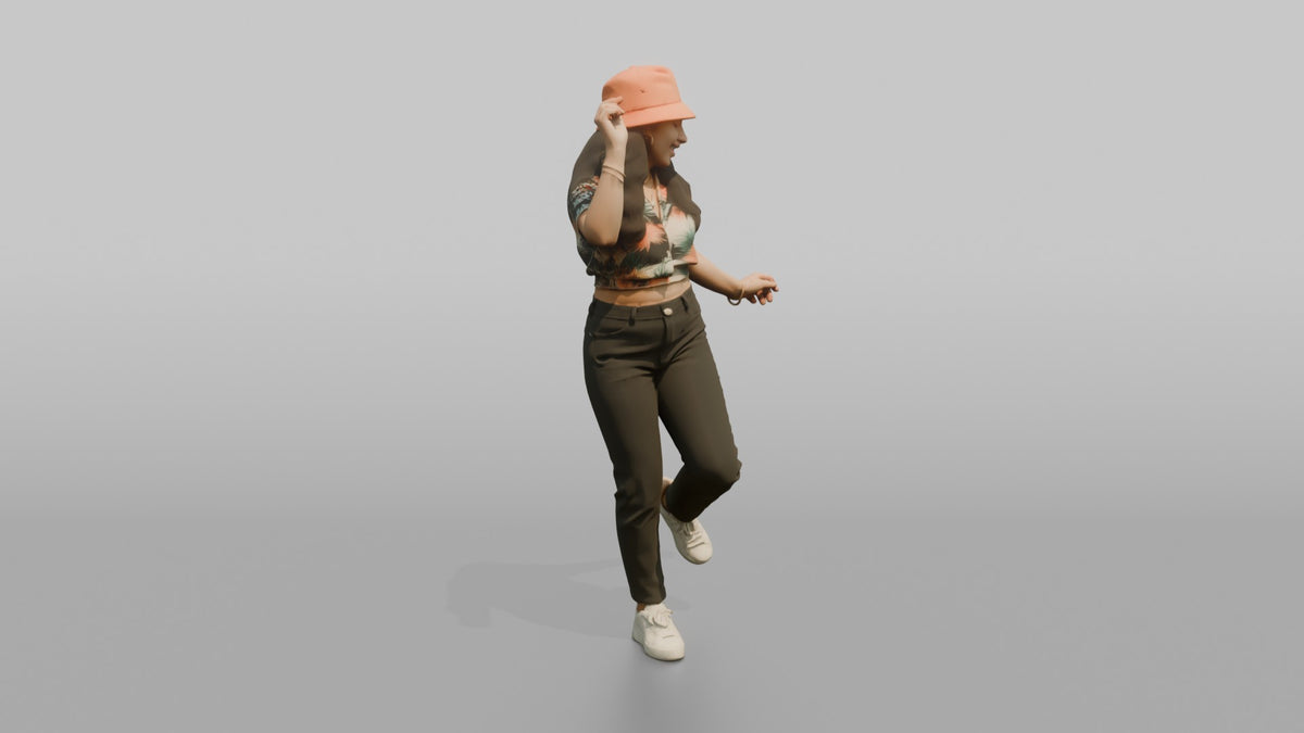 Patron Woman Wearing A Bucket Hat In A Bright Color, Dancing Casually - 3D character model, view 2