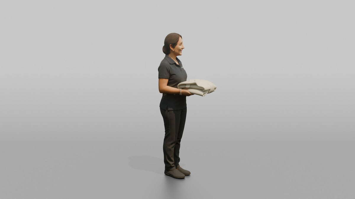 Spa Receptionist Woman Holding A Folded White Spa Robe - 3D character model, view 2