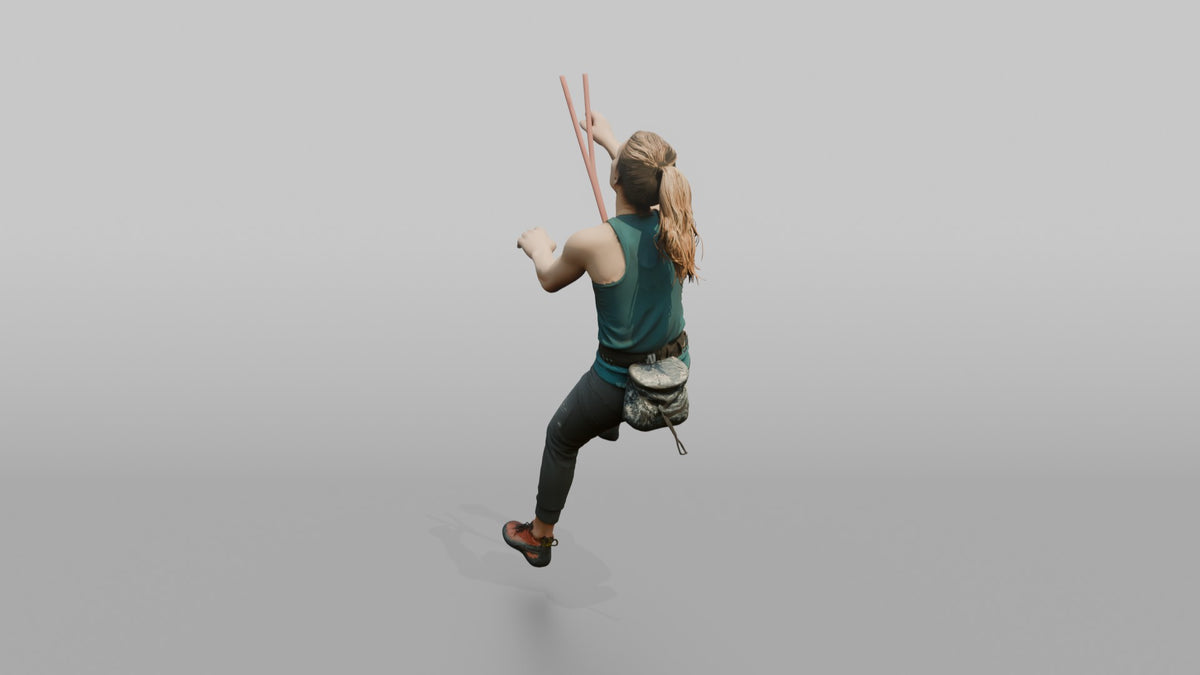 Rock Climber Reaching Upward Mid-Climb - 3D character model, view 3