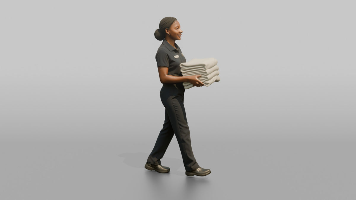 Housekeeping Staff Man Carrying A Stack Of Folded Towels - 3D character model, view 2