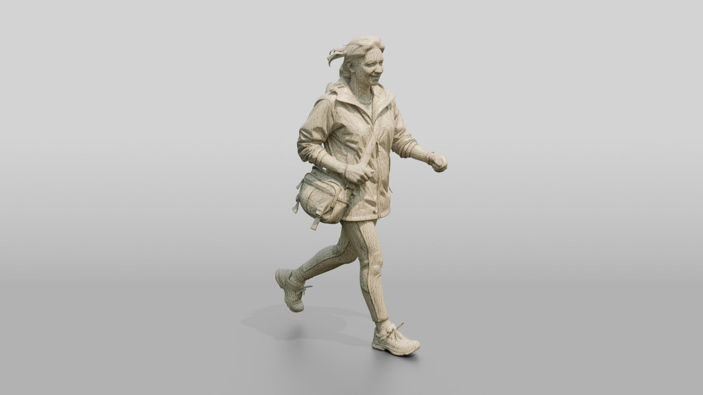 Indian Woman Walking Briskly in Dark Raincoat