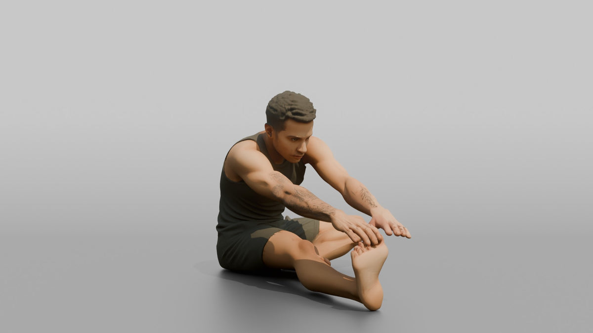 Fitness Influencer Man Stretching One Leg Forward, Hands Reaching Toward The Foot - 3D character model, view 2