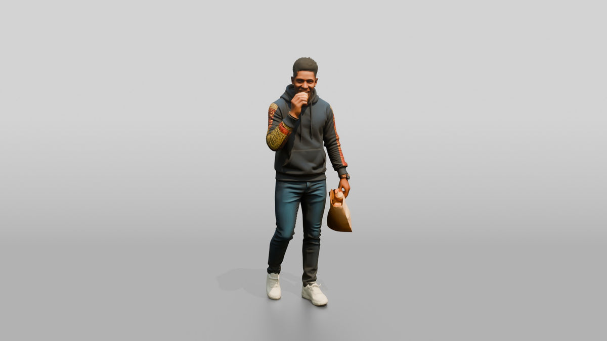 African Man in Print-Sleeve Hoodie Eating a Pastry - 3D character model, view 1