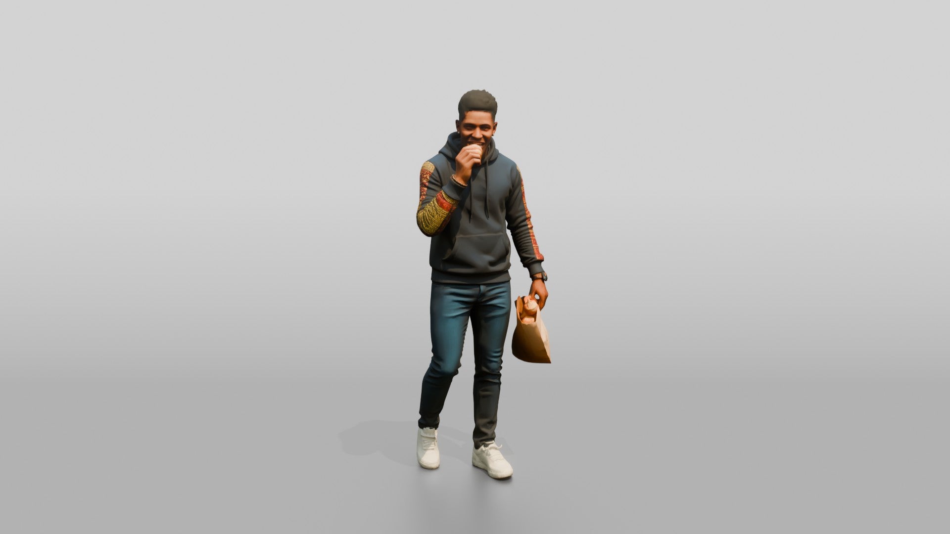 African Man in Print-Sleeve Hoodie Eating a Pastry