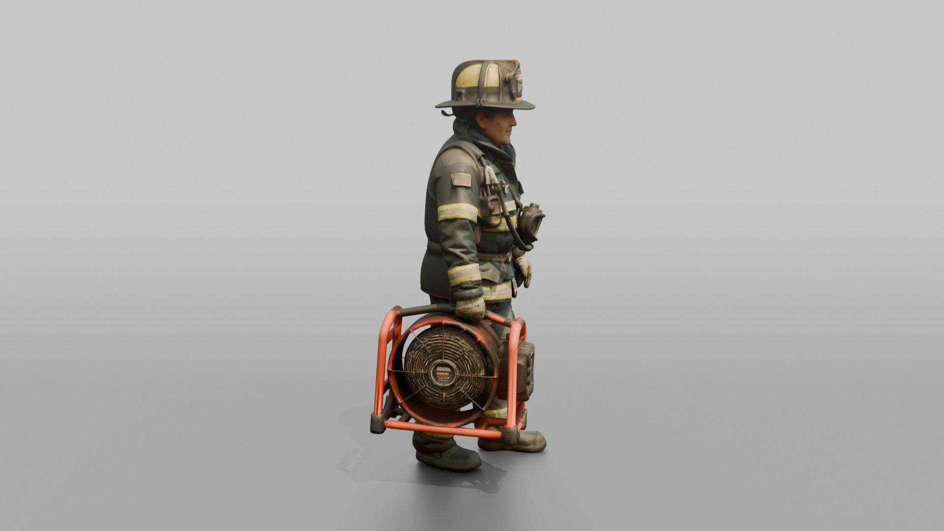 Firefighter Woman Carrying a Battery-powered Ventilation Fan