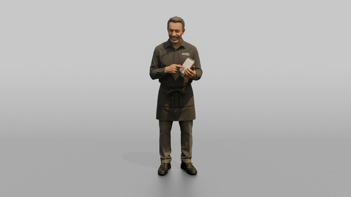 Server Man Holding A Small Notepad, Pointing At It - 3D character model, view 5
