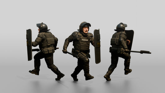 Riot Police Officers Charging with Shields