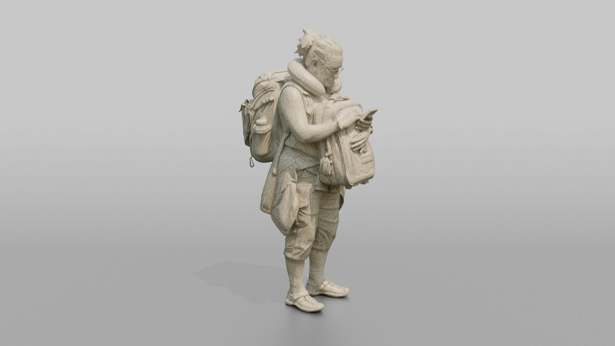 Traveler Hugging Her Carry-On Bag - wireframe topology preview