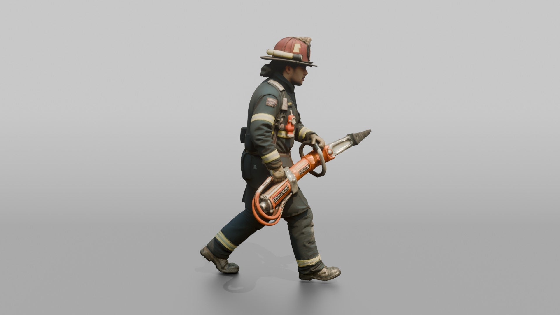 Firefighter Man Carrying a Heavy Rescue Ram Tool