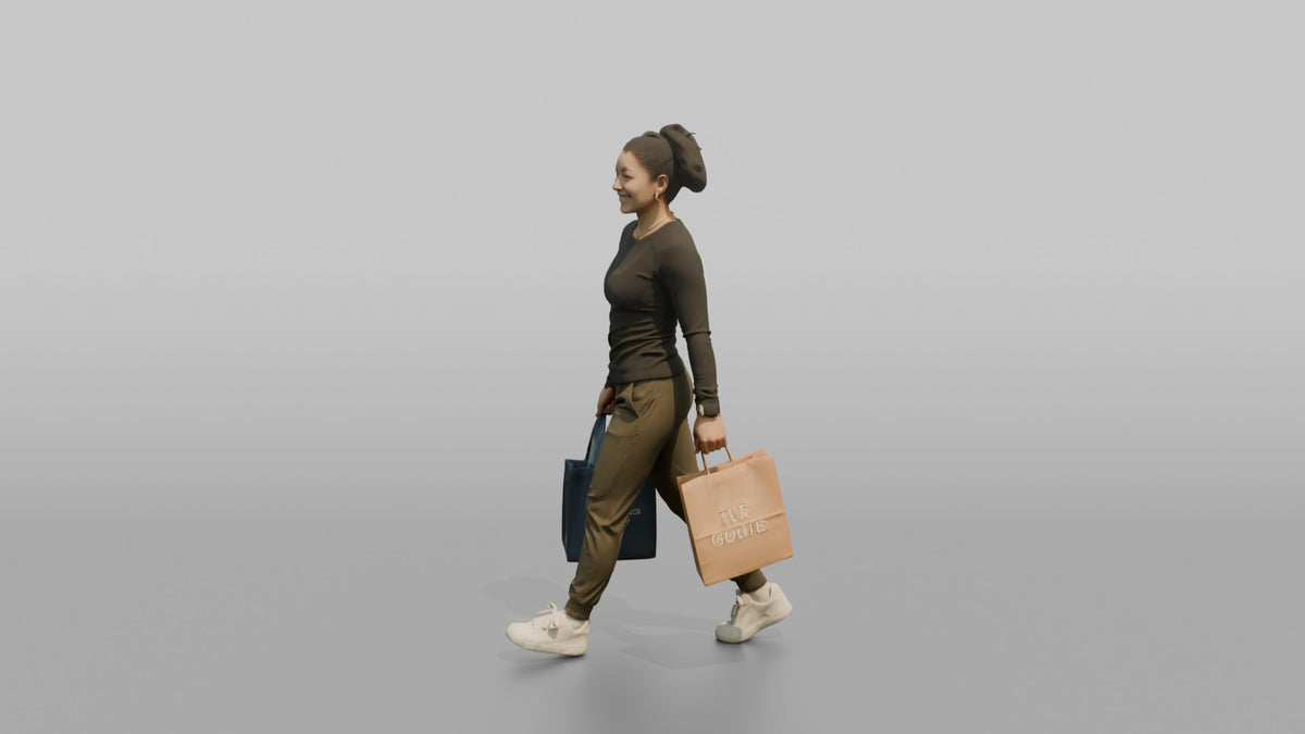 Woman Customer Walking With A Shopping Bag In Each Hand, Smiling - 3D character model, view 4