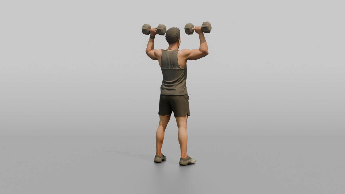 Weightlifter Man Doing A Dumbbell Shoulder Press - 3D character model, view 3