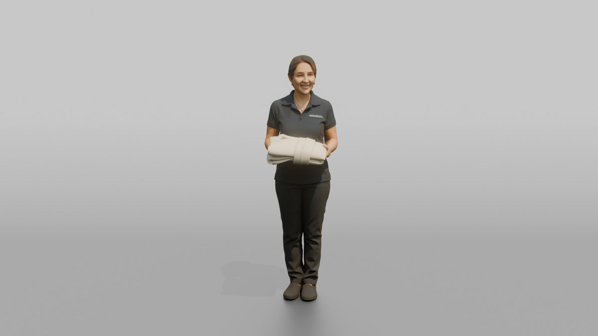 Spa Receptionist Woman Holding A Folded White Spa Robe - 3D character model, view 5