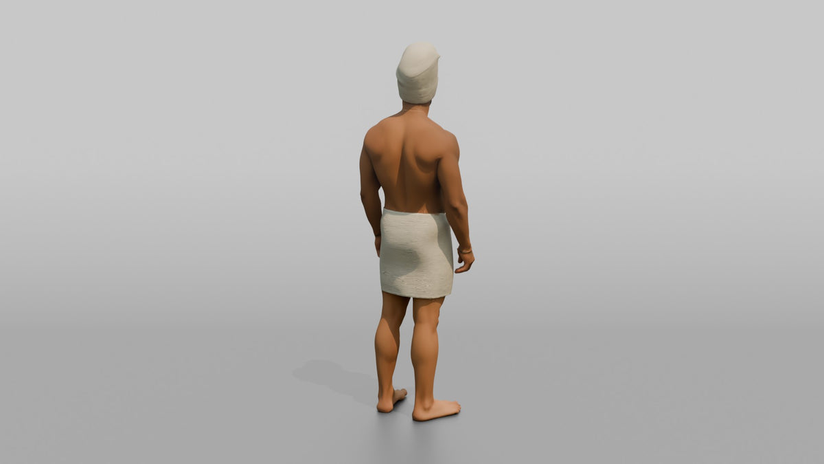 Spa Client Man Standing With A Towel Wrapped Turban-style Around The Head - 3D character model, view 3