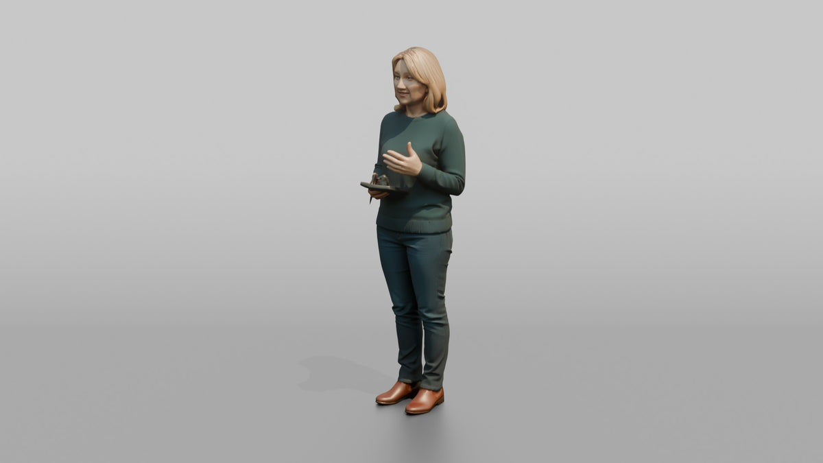 Woman Customer Gesturing While Asking A Question Toward A Staff Member Off-frame - 3D character model, view 4