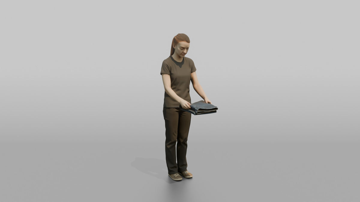 Woman Shop Assistant Folding A Pair Of Jeans - 3D character model, view 5