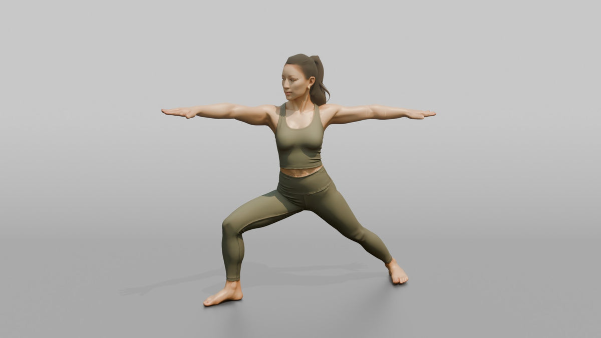 Fitness Influencer Woman Holding A Warrior-pose Stretch - 3D character model, view 5