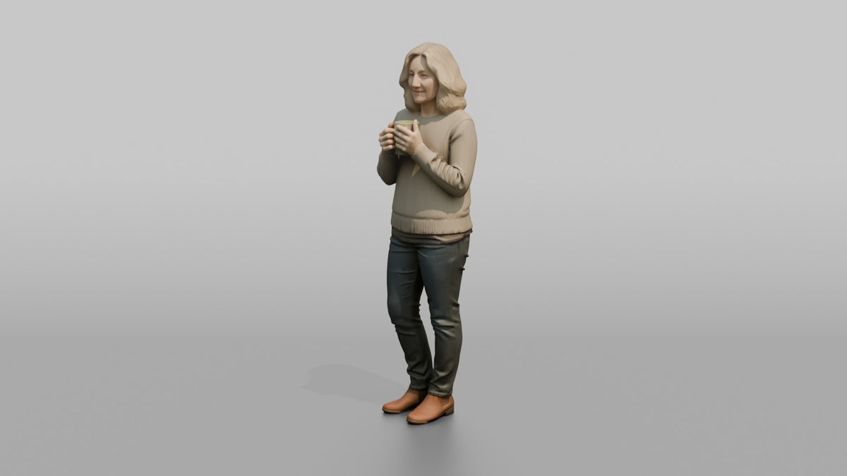 Mother Holding A Coffee Mug With Both Hands, Warming Them - 3D character model, view 4