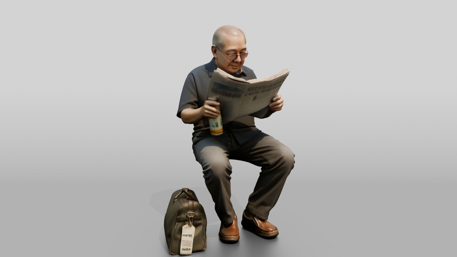 Elderly Asian Man Seated Reading Newspaper with Travel Bag
