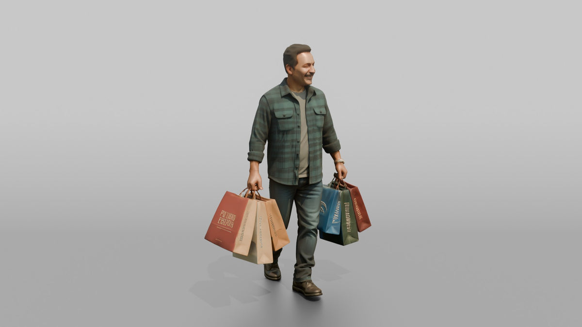 Man Customer Carrying Several Shopping Bags In Both Hands - 3D character model
