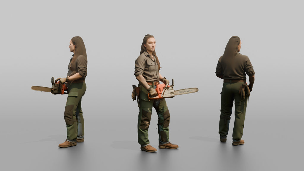 Farmer Holding Chainsaw Wearing Protective Chaps