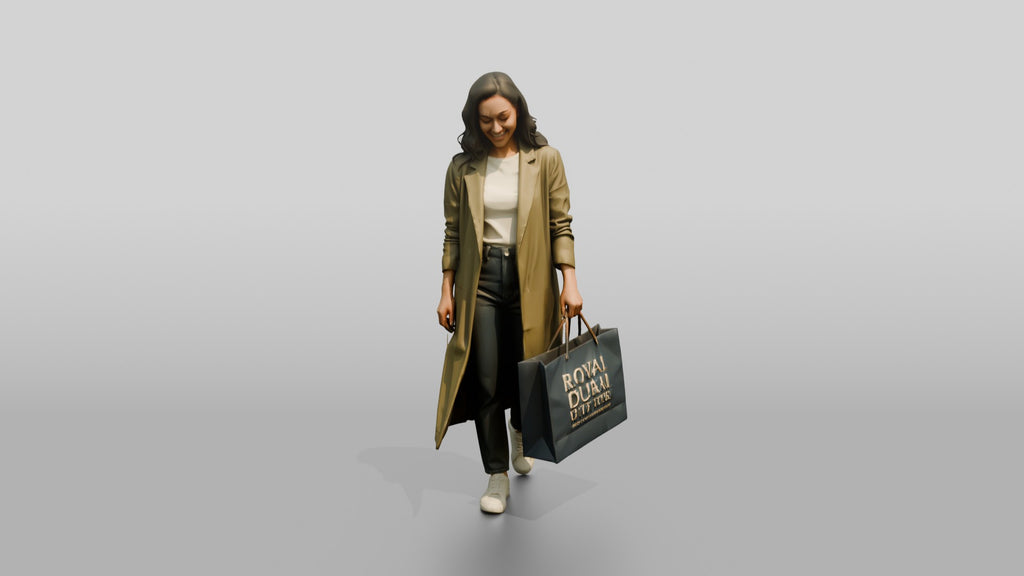 Woman in Long Olive Coat Walking with Luxury Shopping Bag