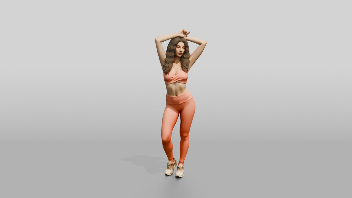 Woman in Coral Activewear Stretching Arms Overhead