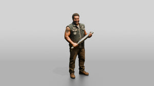 Mechanic Holding a Chrome Muffler - 3D character model, view 1