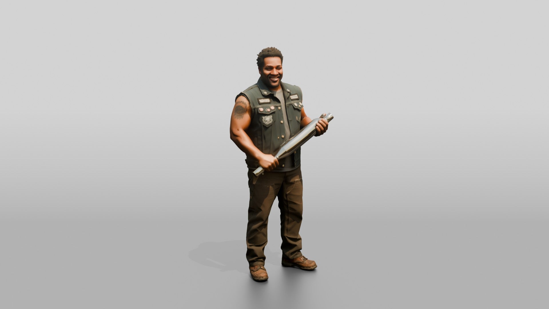 Mechanic Holding a Chrome Muffler