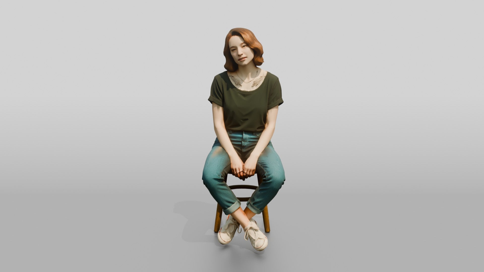 Homeless Woman Sitting with Ankles Crossed