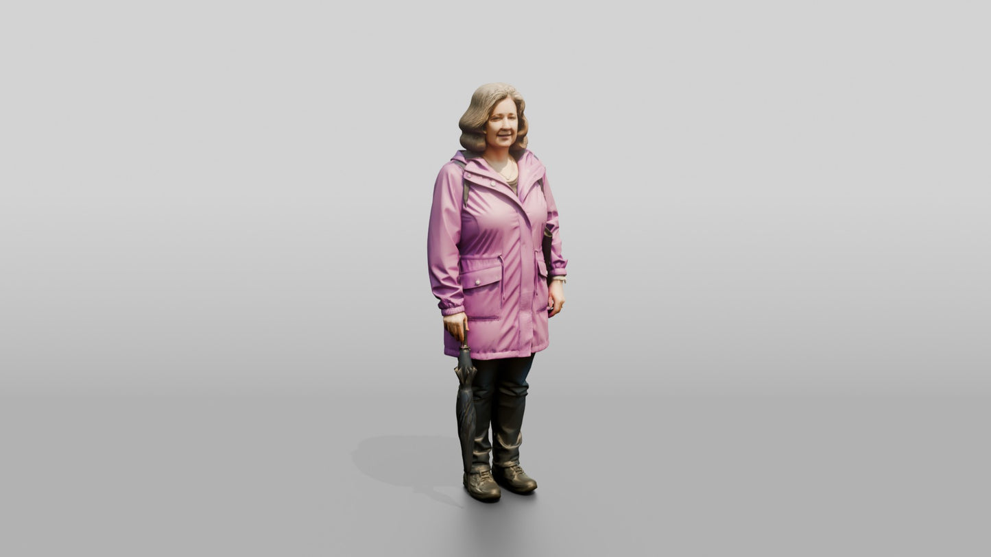 White Woman Waiting at a Crosswalk in Purple Raincoat