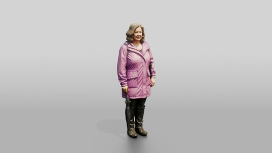White Woman Waiting at a Crosswalk in Purple Raincoat - 3D character model, view 1