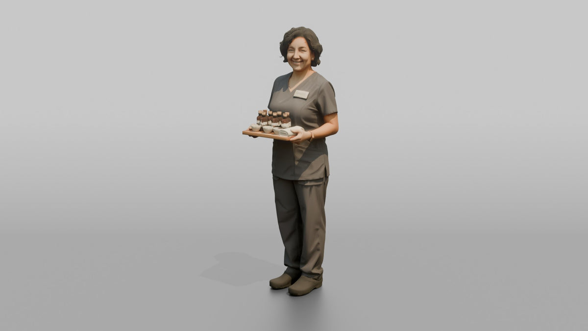 Massage Therapist Woman Holding A Small Tray With Oil Bottles - 3D character model, view 4