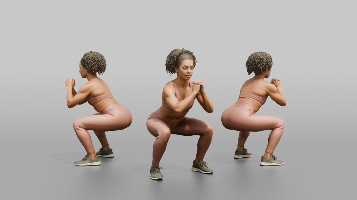 Fitness Influencer Woman Doing A Bodyweight Squat With Hands Clasped - 3D character model, view 1