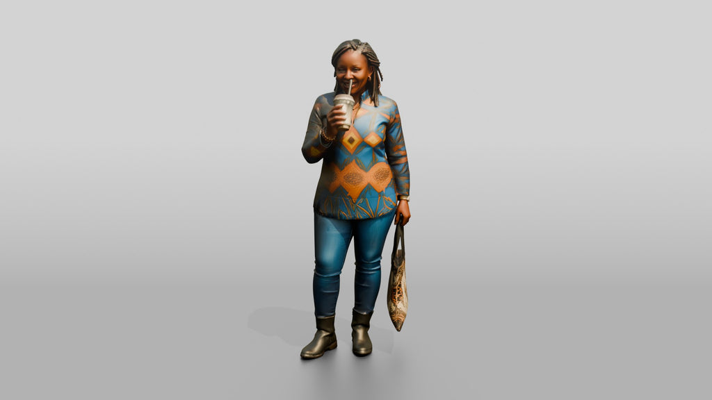 Curvy African Woman Drinking Iced Coffee in a Print Tunic