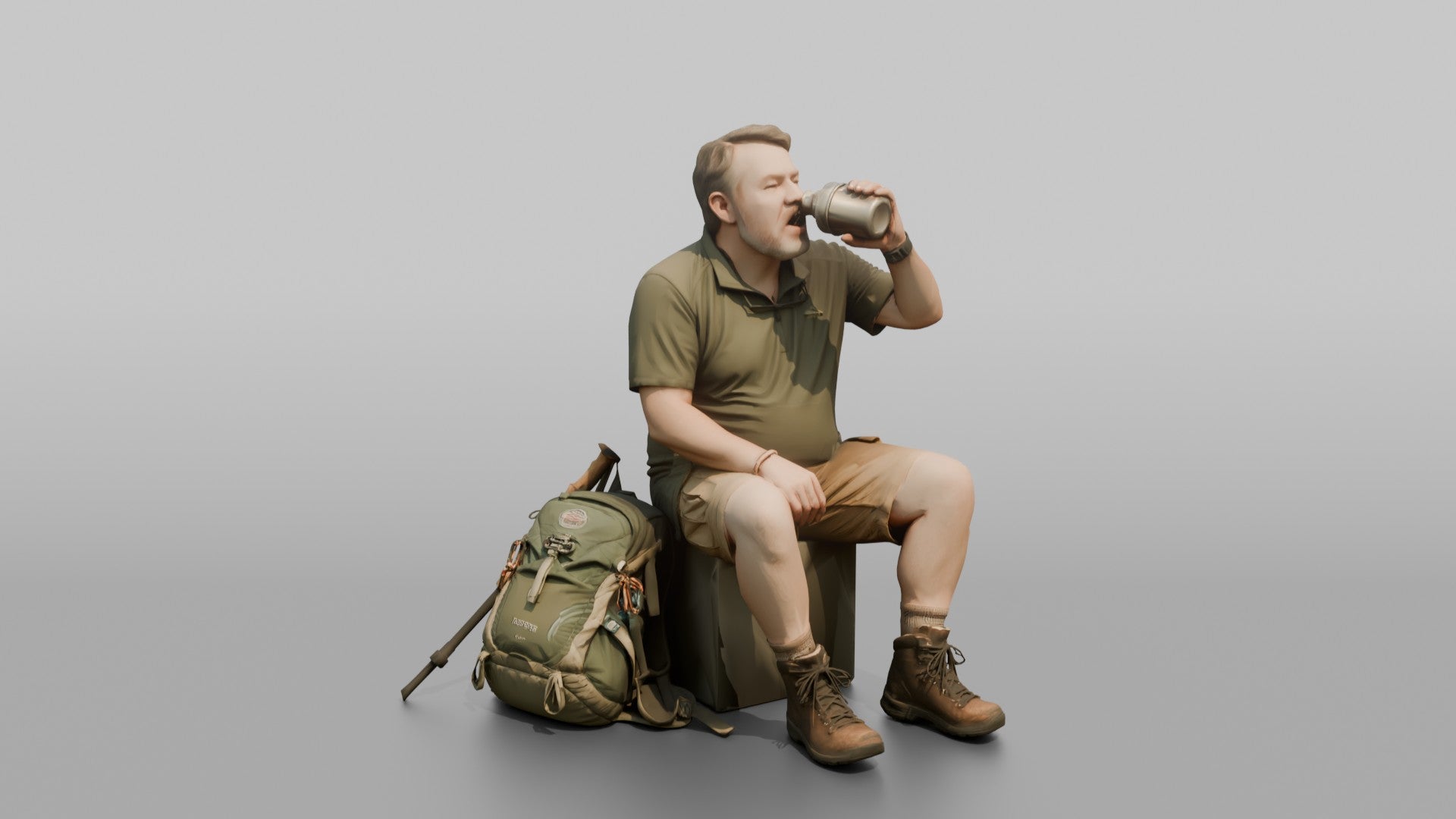 Hiker Sitting and Drinking from a Canteen