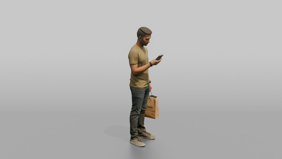 Man Customer Checking His Phone While Holding A Shopping Bag - 3D character model, view 2