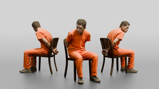 East Asian Male Prisoner Sitting Slouched in a Metal Chair