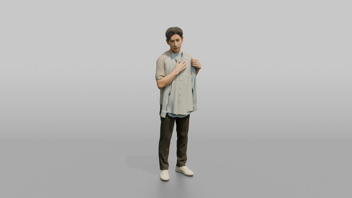 Man Customer Looking At His Reflection While Holding A Dress Shirt Against His Chest - 3D character model
