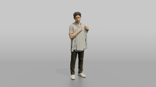 Man Customer Looking At His Reflection While Holding A Dress Shirt Against His Chest - 3D character model