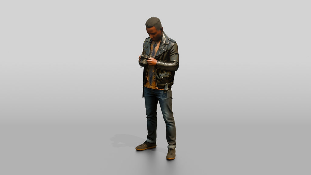 African Man in a Leather Jacket Checking a Camera