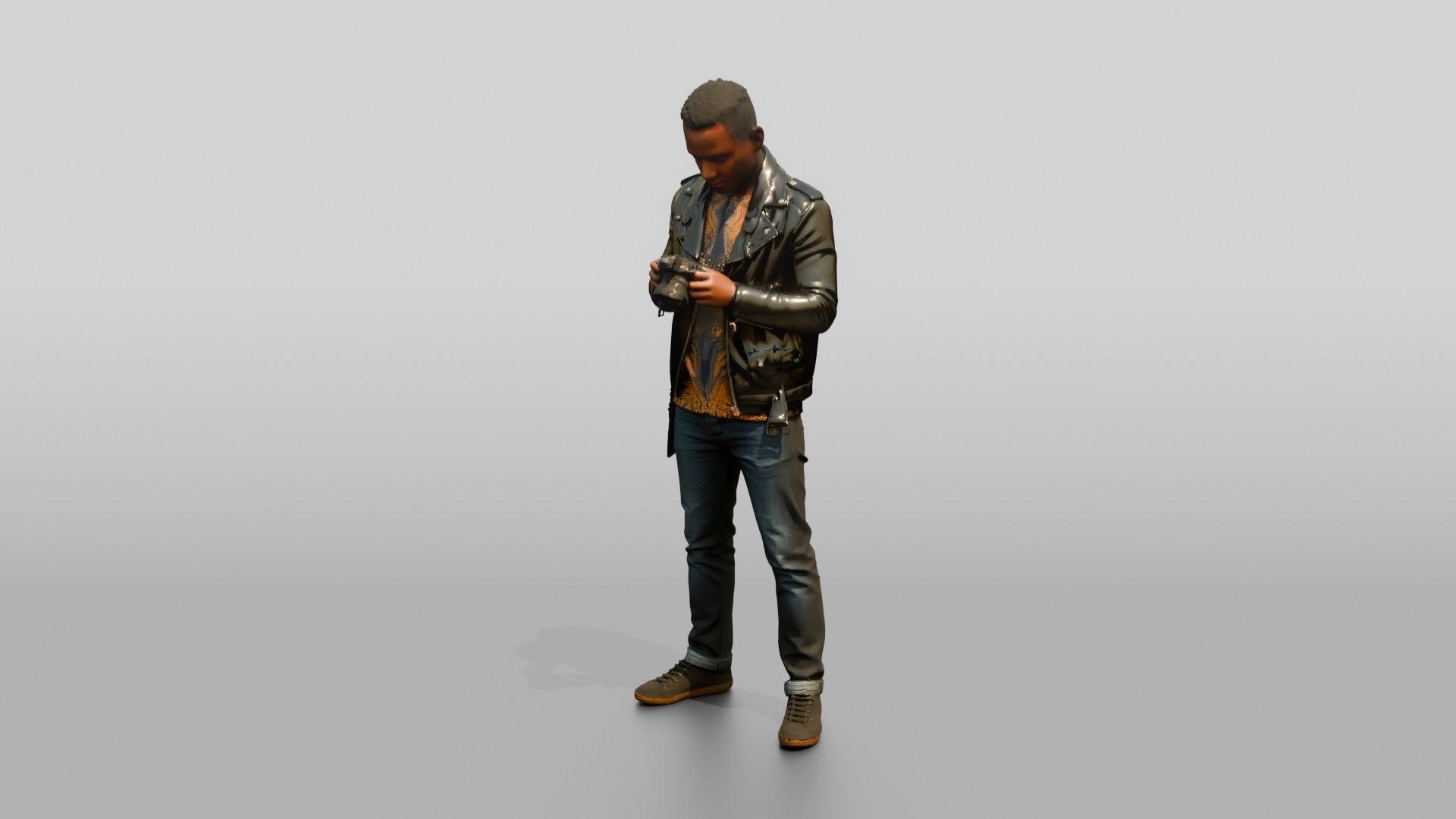 African Man in a Leather Jacket Checking a Camera