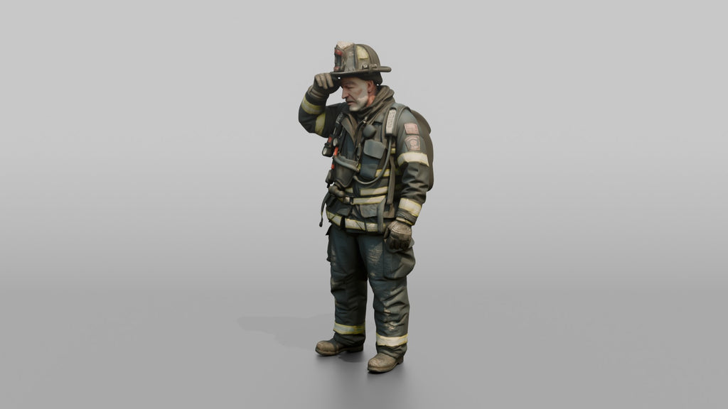 Firefighter Man Wiping Soot Off His Forehead with a Gloved Hand
