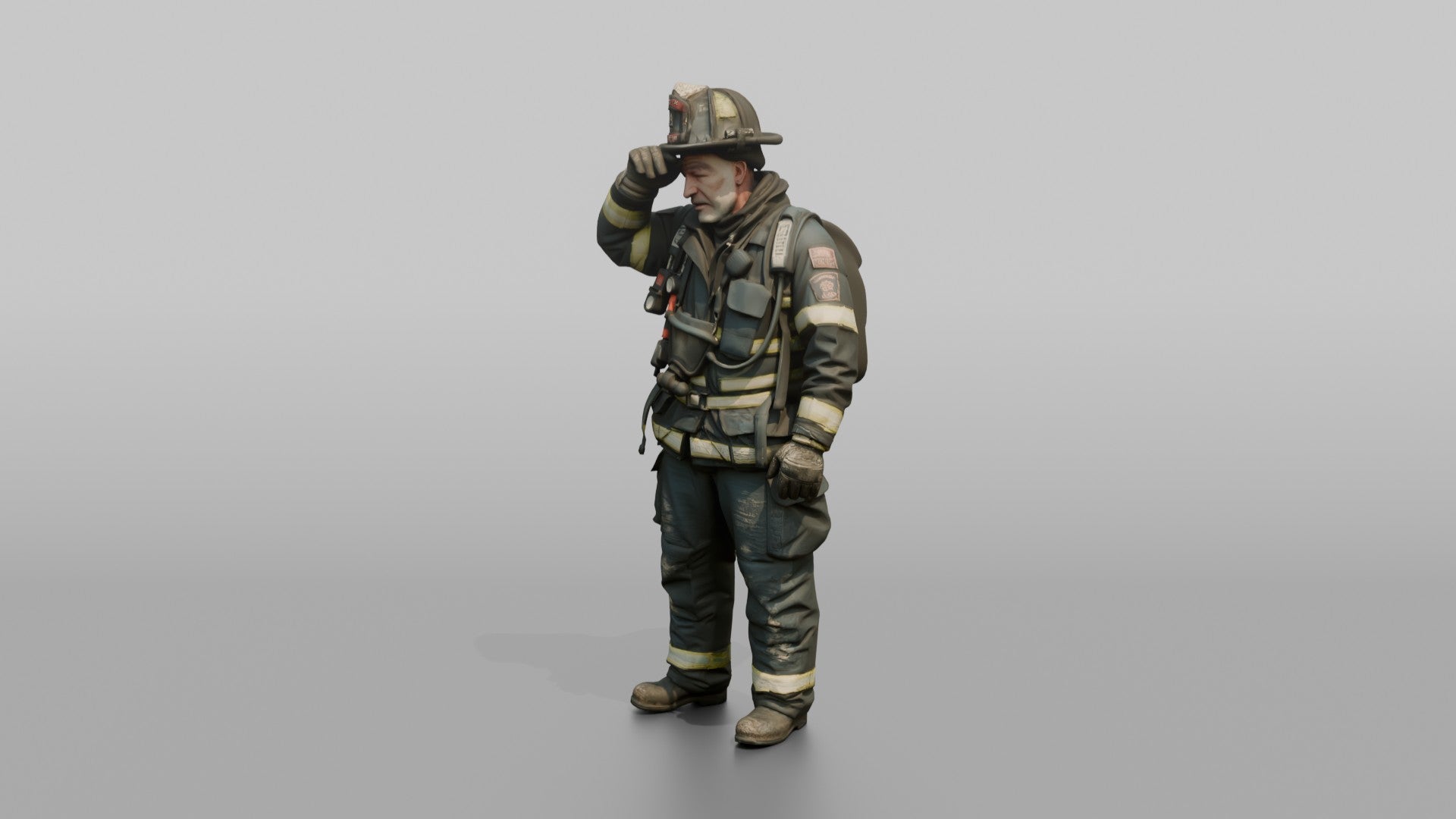 Firefighter Man Wiping Soot Off His Forehead with a Gloved Hand