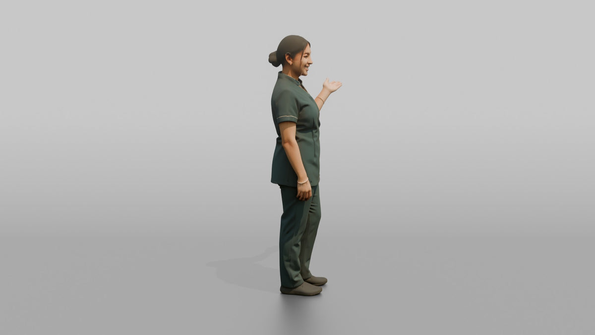 Spa Attendant Woman Gesturing Toward A Sauna Door - 3D character model, view 2